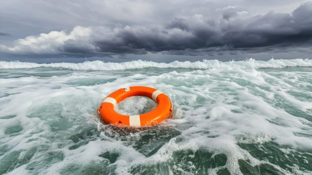 Life preserver floating on turbulent ocean waves, symbolizing hope and rescue during challenging times