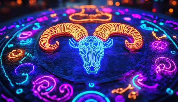 Vibrant neon ram symbol glowing on a dark zodiac circle, creating a mystical and astrological atmosphere