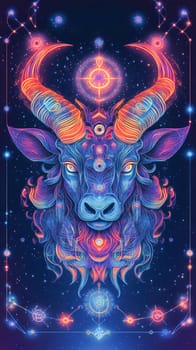 Vibrant bull with glowing horns, set against a backdrop of intricate cosmic patterns and celestial elements, creating a mesmerizing visual narrative