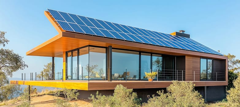Luxurious and eco friendly house is using solar panels on the roof to generate clean energy