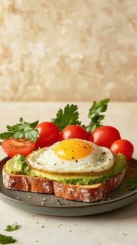 Avocado toast topped with a perfectly fried egg, fresh cherry tomatoes, and parsley, creating a nutritious and visually appealing breakfast