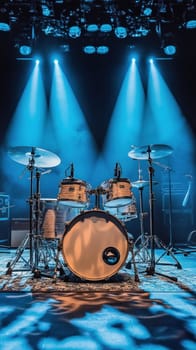 Drum set illuminated by blue spotlights on empty stage waiting for the drummer to start the concert