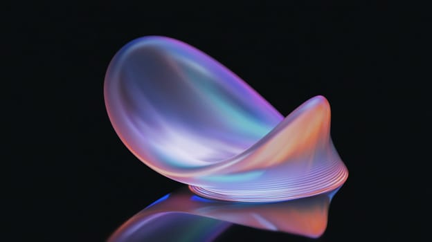 Mesmerizing iridescent fluid shape with vibrant reflections standing elegantly on a reflective surface, creating futuristic design. Smooth dynamic wave flows in surreal manner, evoking imagination
