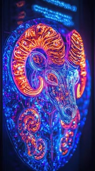 Neon aries zodiac sign glowing brightly against a dark background, creating a vibrant and mystical atmosphere