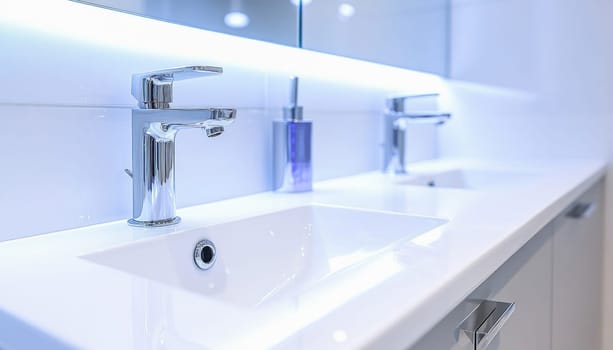 Chrome faucets shine above white rectangular sinks in a modern, clean bathroom