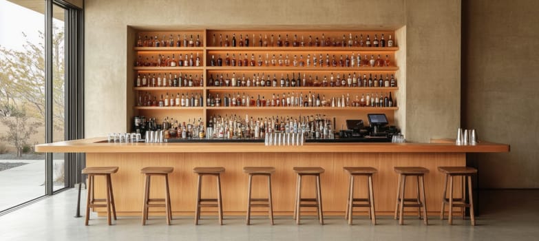 Empty modern bar counter with stools and backlit shelves displaying a wide variety of alcoholic beverages