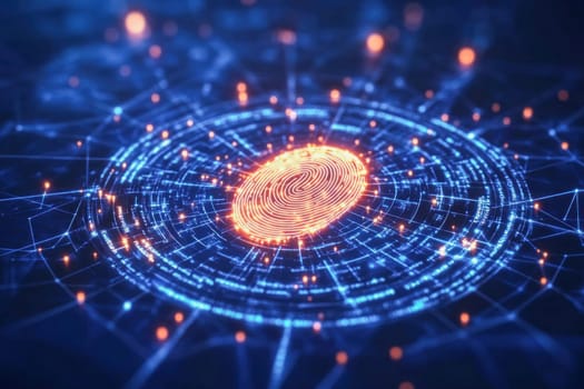 Futuristic digital environment displaying glowing fingerprint, symbolizing identity verification and advanced security measures
