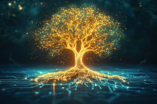 Glowing golden tree growing from futuristic microchip circuit board, symbolizing artificial intelligence, big data, and technological advancement