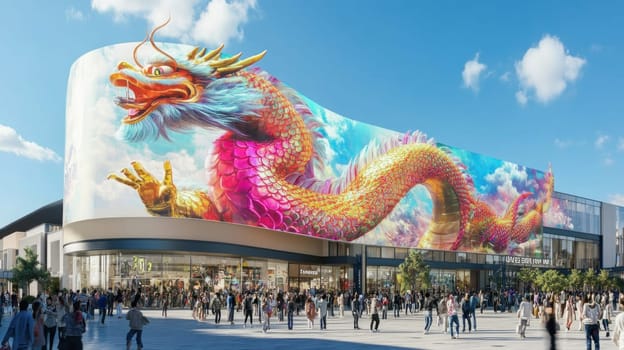 Large curved billboard displaying a colorful asian dragon on a shopping mall with customers walking outside