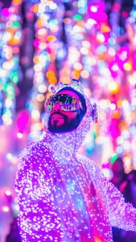 Disc jockey with glowing outfit mixing music at night party with colorful bokeh lights