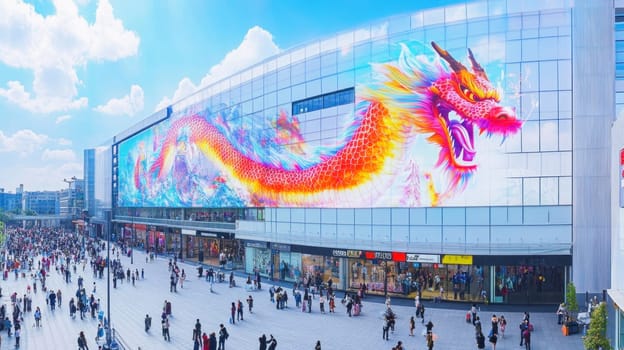 Shoppers walking in front of a large colorful dragon display on a modern building in a busy city center