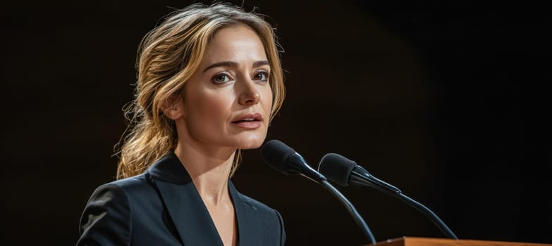 Female politician speaking at a press conference, delivering important news and updates
