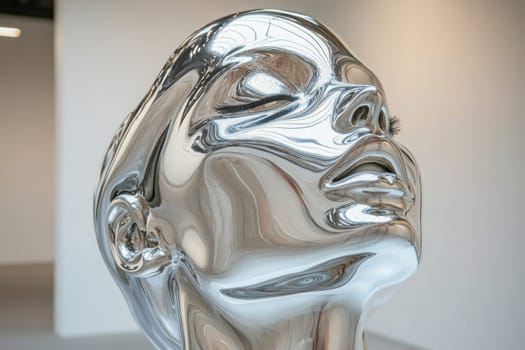 Polished chrome female head sculpture reflecting surroundings in modern art gallery, celebrating artistic expression