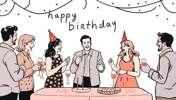 Happy friends celebrating a birthday, enjoying cake and sparkling wine at a festive party