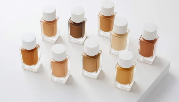 Several foundation bottles are standing on a white surface, displaying a wide range of shades to match diverse skin tones
