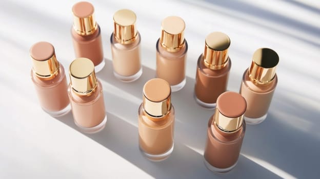 Ten foundation bottles with gold caps are arranged on a white surface, showcasing a range of shades to match diverse skin tones