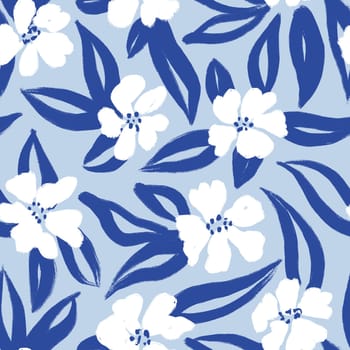 Hand drawn seamless floral flower pattern with cobalt blue wildflowers on white background. Chinoiserie style cottagecore summer garden meadow bloom blossom design, daisy ditsy art, simple rustic farm design
