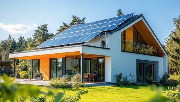 Residential building using renewable energy with photovoltaic cells on roof promoting eco friendly living in suburban area