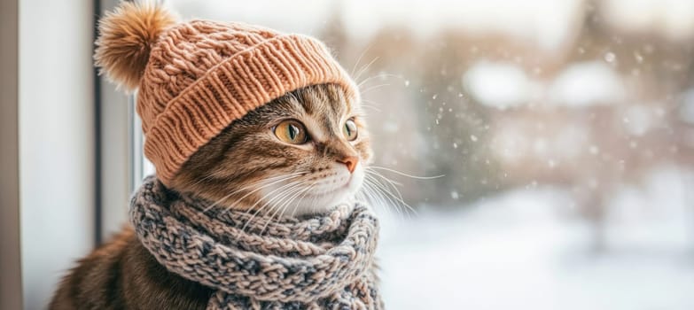 Adorable cat wearing knit hat and scarf looking out window during a winter snowfall