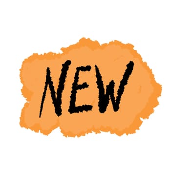 Hand drawn illustration sticker with word new in orange black. Modern innovation newest design, news sign text for creative business print, information development attention banner, font tag symbol