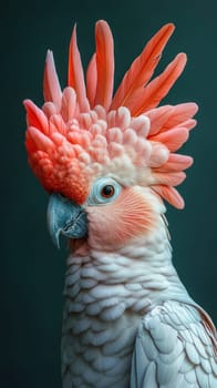 Close up portrait of major mitchell's cockatoo, showcasing its distinctive salmon pink crest feathers against a dark green backdrop