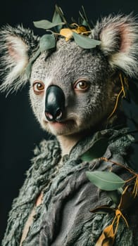 Koala wearing druid robe and eucalyptus crown posing on a dark background
