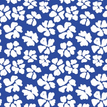 Hand drawn seamless floral flower pattern with cobalt blue wildflowers on white background. Chinoiserie style cottagecore summer garden meadow bloom blossom design, daisy ditsy art, simple rustic farm design