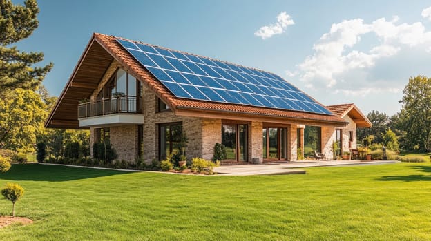 Residential building using renewable energy with photovoltaic panels on the roof, promoting sustainability and eco friendly living