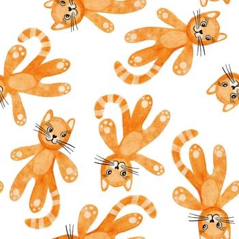 Hand drawn seamless pattern with red orange ginger cats in watercolor on white background. Funny kitten animal pet for kids children nursery design, cute adorable cartoon style for apprarel wallpaper wrapping paper