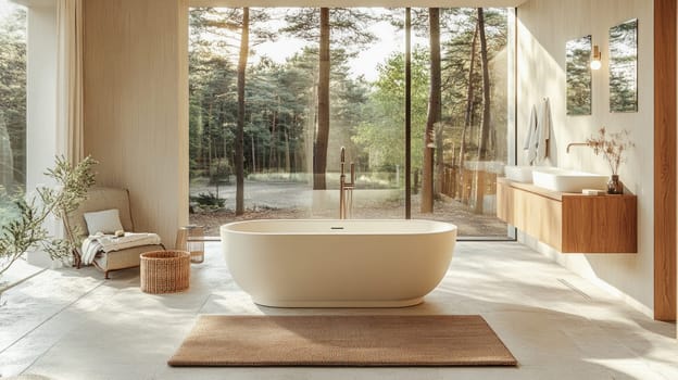 Freestanding bathtub sits in a bright, airy bathroom with large windows offering a scenic view of a pine forest