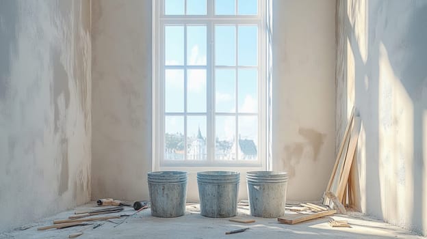 Three buckets and construction tools sit on dusty floor in room undergoing renovation, large window offering glimpse of city outside