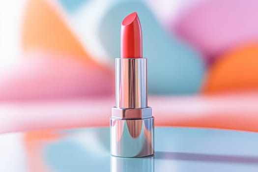 Red lipstick in silver tube standing on colorful reflective surface with pastel background