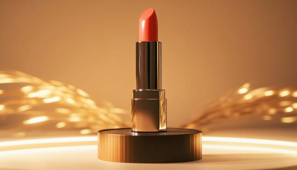 Peach lipstick in golden tube standing on podium with warm background lighting, perfect for beauty and makeup projects
