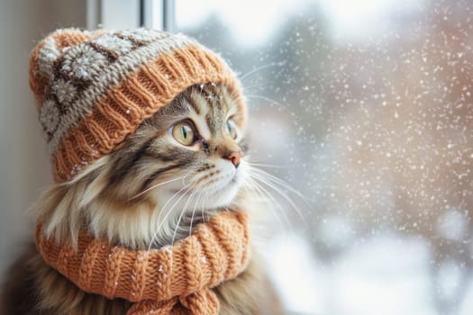 Adorable cat wearing warm winter clothes gazes out the window on a snowy day