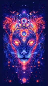Vibrant neon lion face with intricate details, glowing against a dark cosmic backdrop, creating a mystical and powerful artwork