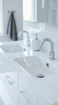 Two gleaming white bathroom sinks featuring chrome faucets and a soap dispenser create a clean, contemporary aesthetic in a bright, modern bathroom