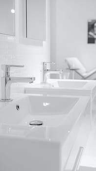 Two gleaming white ceramic bathroom sinks with modern chrome faucets reflect the bright light in a contemporary bathroom setting