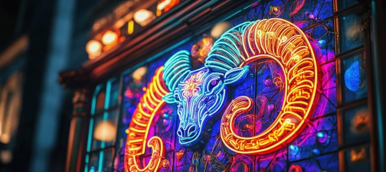 Vibrant neon ram sign adorning a building's facade, creating a captivating nighttime spectacle