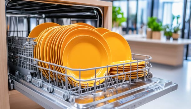 Open dishwasher showing clean yellow plates inside, ready for unloading in a modern kitchen