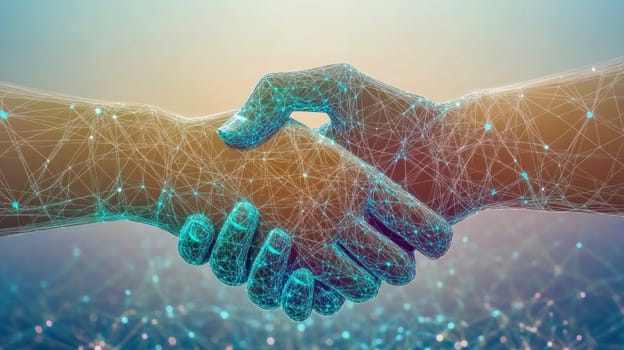 Two futuristic hands shaking representing a business agreement or partnership in the digital world