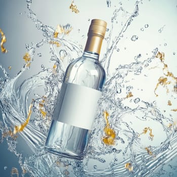 Transparent bottle filled with liquid is standing in the middle of a big splash of water, creating interesting shapes and reflections