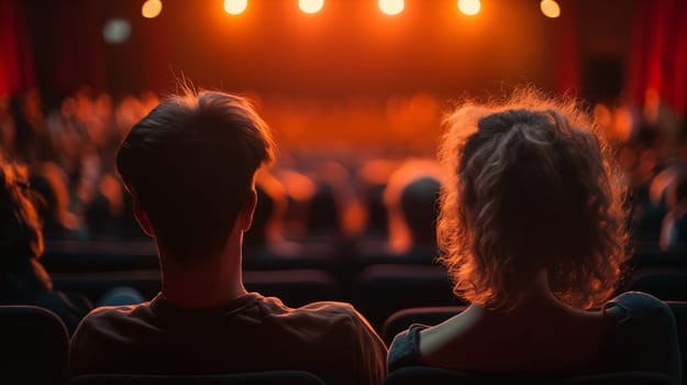 A couple sits closely together in a theater, captivated by the vibrant stage lights as they watch a live performance unfolding in front of them - Generative AI