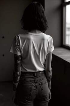 A woman with dark, wavy hair and visible tattoos is seen from behind, standing near a large window in a minimalist setting, illuminated by soft daylight - Generative AI