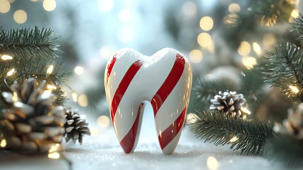 A playful and whimsical tooth decoration designed with a delightful candy cane theme for joyful Christmas festivities
