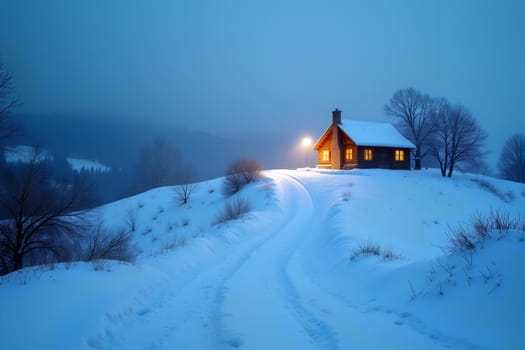 A warm light glows from a rustic cabin nestled on a snowy hillside as dusk settles over the winter landscape - Christmas holidays - Generative AI