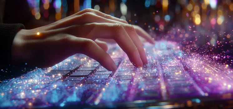 A hand moves swiftly across a luminous keyboard, emitting vibrant colors and sparkling effects, creating a captivating atmosphere in a digital space - Generative AI