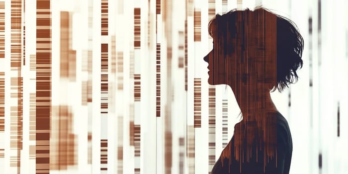 Silhouette of a woman merging with a data pattern in a conceptual image about artificial intelligence, data analysis and the digital world
