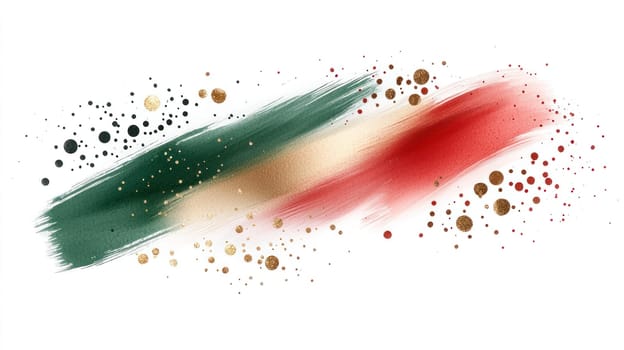 Abstract watercolor brush strokes in green, red, and gold tones evoke festive cheer.