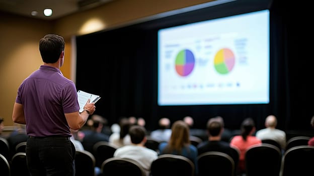 marketing strategist presenting graphs to engaged audience in conference setting.