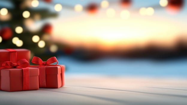 Festive red gift boxes with bows, creating joyful holiday atmosphere.